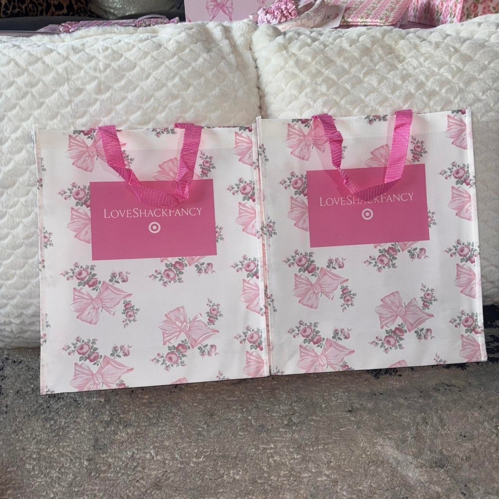 Two pink LoveShackFancy reusable tote bags! Rosa beaux / Rosa bow print